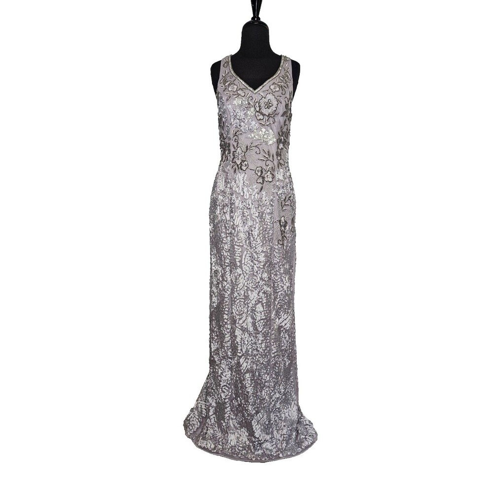 SUE WONG Nocturne Formal Gown Maxi Dress 12 Beaded Embellished Silver Gatsby NEW